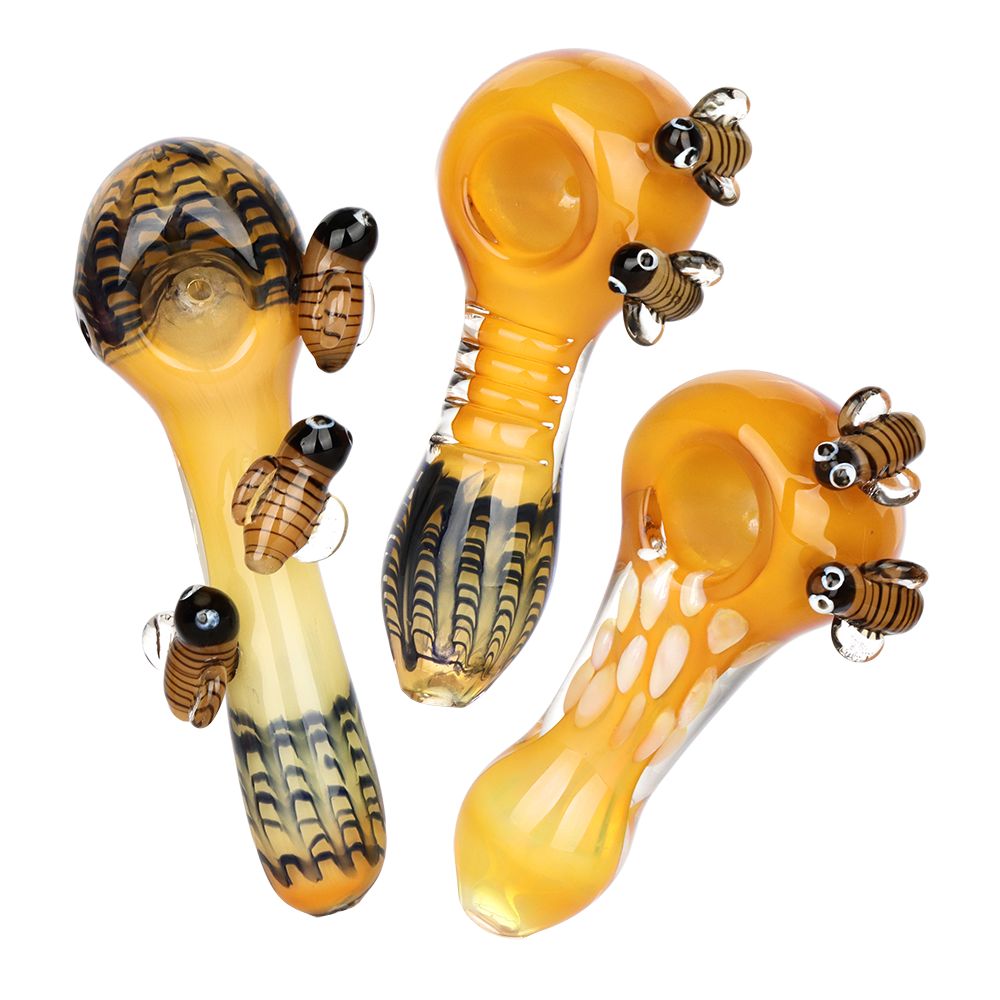 Busy Bumble Bee Glass Spoon Pipes - 4"- 5" / Assorted Colors and Styles 3ct