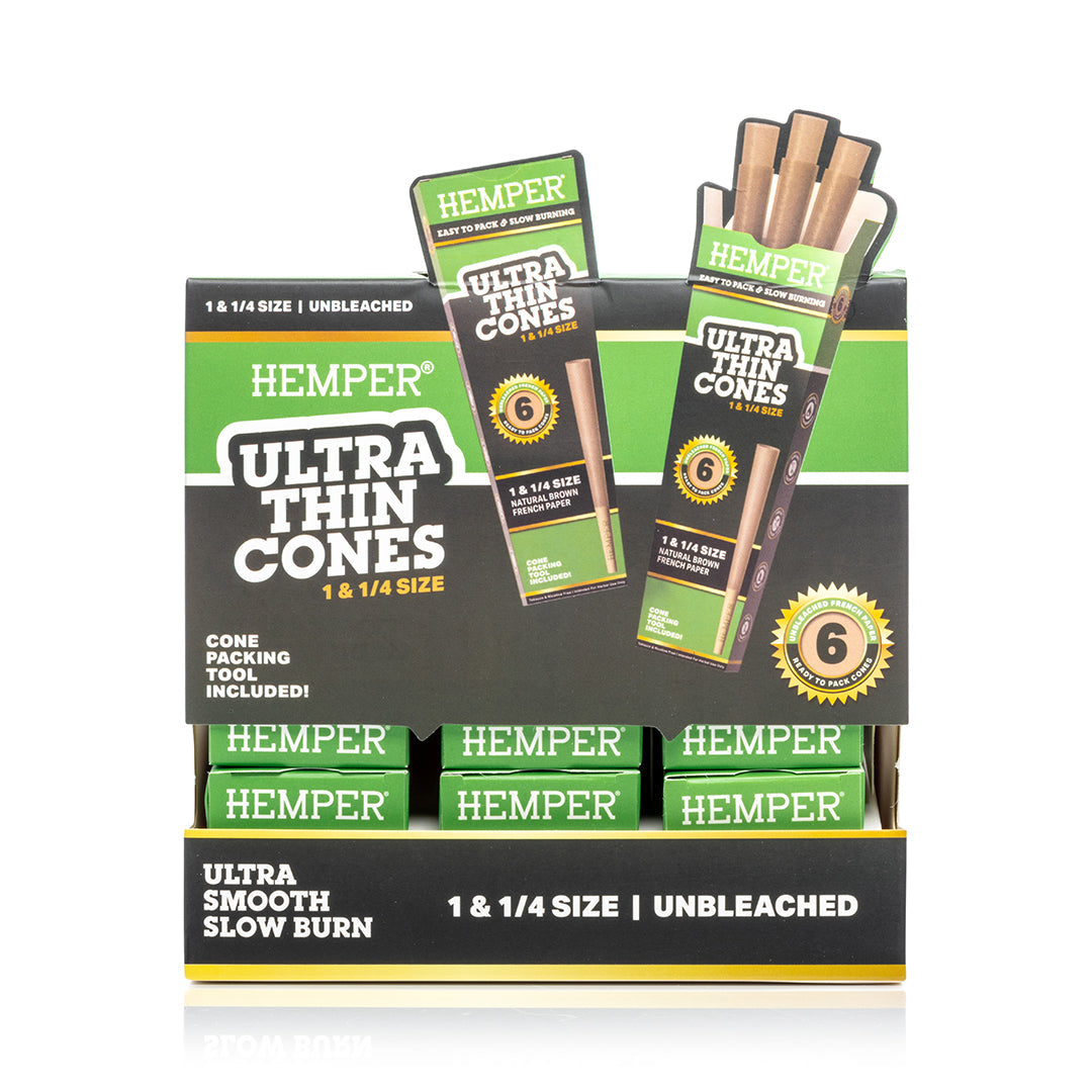 Hemper 6PK 1.25” Pre-Rolled Cones | Unbleached Paper - 24ct Display