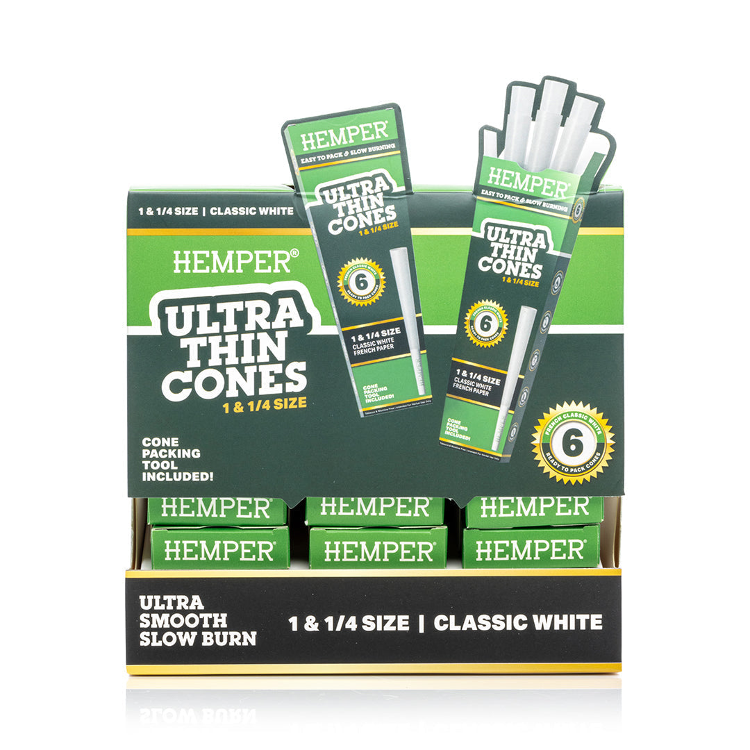 Hemper 6PK 1.25” Pre-Rolled Cones | French White Paper - 24ct Display