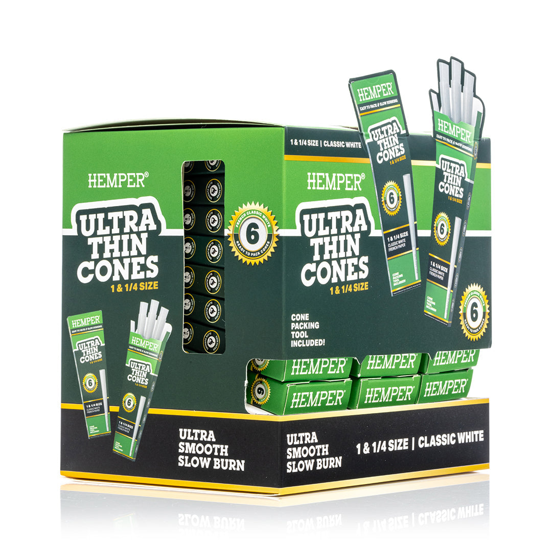 Hemper 6PK 1.25” Pre-Rolled Cones | French White Paper - 24ct Display