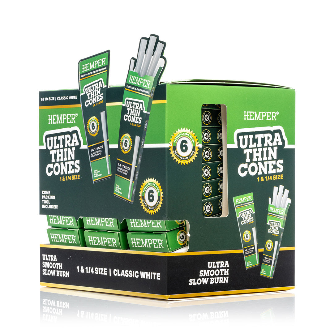 Hemper 6PK 1.25” Pre-Rolled Cones | French White Paper - 24ct Display